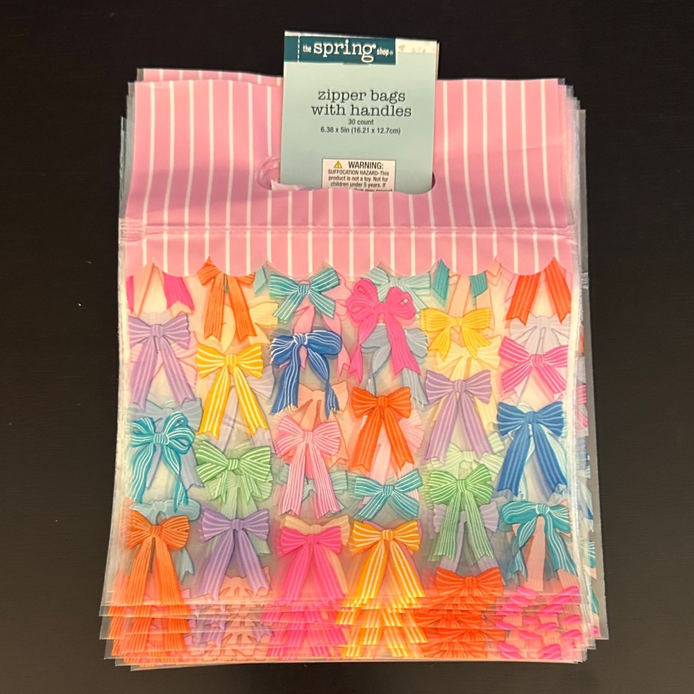 30 Pink / Multi Colored transparent Zipper Bags with handles adorable Bow Print
